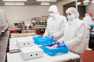 Line for the production of semi-finished meat products.Meat processing in food industry.Packing of meat slices in boxes on a conveyor belt.modern poultry processing plant.