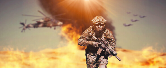A bearded soldier in uniform of special forces in a dangerous military action in a dangerous enemy...