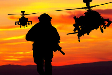 Fototapeta na wymiar Silhouette of infantry soldier, marine corps fighter, navy special operations team member in full tactical ammunition running with weapon in hands during airborne operation with helicopters support