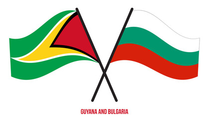 Guyana and Bulgaria Flags Crossed And Waving Flat Style. Official Proportion. Correct Colors.