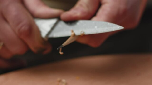 Male painter hands sharpening a wooden pencil with cutter knife, closeup. ProRes codec. Preparations for art work