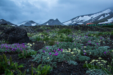Evening landscape with mountains. There is the station of volcanologists in the background. There...