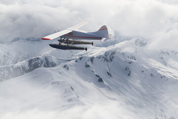 Naklejka na ściany i meble View of Canadian Mountain Landscape with Seaplane Flying. Dramatic Cloudy Sky Art Render. 3d rendering Airplane. Aerial Background image from British Columbia, Canada. Adventure Travel Concept