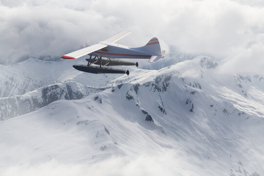 View of Canadian Mountain Landscape with Seaplane Flying. Dramatic Cloudy Sky Art Render. 3d rendering Airplane. Aerial Background image from British Columbia, Canada. Adventure Travel Concept