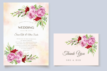 Fototapeta na wymiar watercolor maroon and pink roses wedding card set