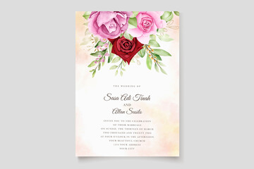 watercolor maroon and pink roses wedding card set