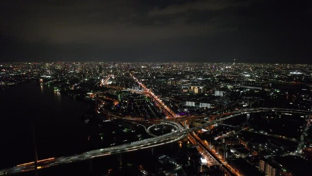 大阪港周辺の夜景　天保山JCT周辺をドローンで空撮