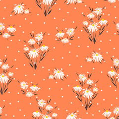 Blossom floral seamless pattern with daisy. Blooming botanical motifs scattered random. Color vector texture for fashion, fabric, wallpaper, print. Hand drawn flower on pink polka dots background © Marharyta