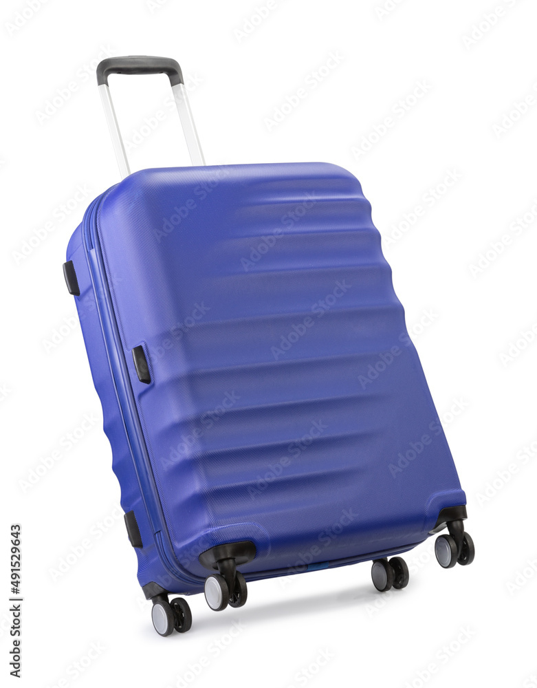 Wall mural violet tourist suitcase isolated on white background