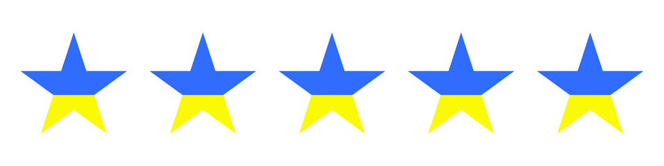 Rate us concept - 5 Star rating on Ukraine flag in blue yellow ua national colors. Customer product satisfaction review flat icon for apps and websites. Vector isolated on white background EPS 10
