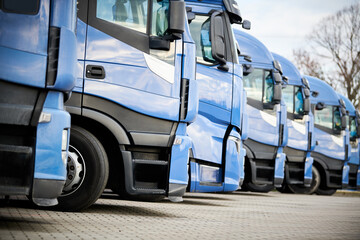 Fleet of commercial lorry trucks in row. Logistics and transportation service - 491530241