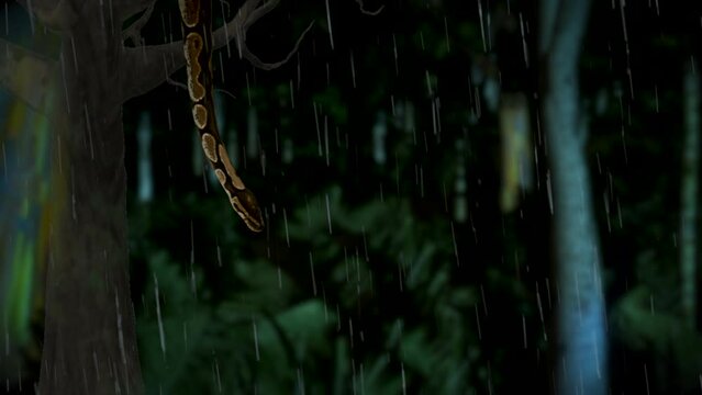 Snake hanging from tree in jungle rain