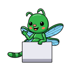Cute little green dragonfly cartoon with blank sign