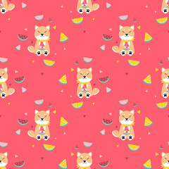 cute Chiba Inu dog eating watermelon seamless pattern for print or fabric
