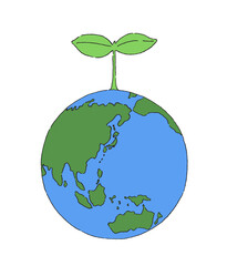 地球儀と新芽-エコイメージ-手描きの線画