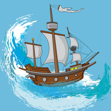 Illustration sail ocean boat on the sea Pirate Ship. good for t-shirt and poster design