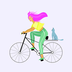 A girl with pink hair rides a bike with a cat.