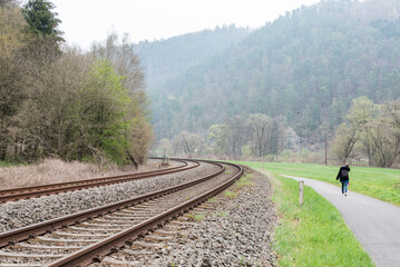 Kordel, Rhineland-Palatinate - Germany -  Double bending railwaytrack in the foggy nature landscape...