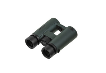 The binoculars are dark green. A modern device for observing objects at a long distance. Isolate on a white back