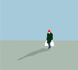 Obraz premium Man with red hat holding plastic shopping bags in hands, walking at street. Vector illustration.