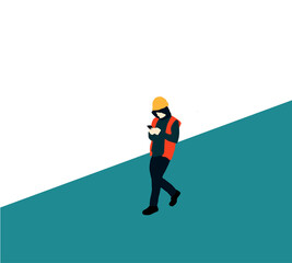 Construction worker in waistcoats using smart phone for texting  during the break. Vector flat design illustrations