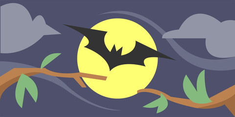 illustration of bats flying at night. night sky and moon background. trees and leaves. animal concept, halloween, horror, and more. flat vector style