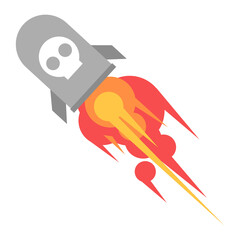 illustration of a missile in flight, with a grave shape, and a skull icon. weapon. isolated on a white background. concept of war, stop war, peace. flat vector style