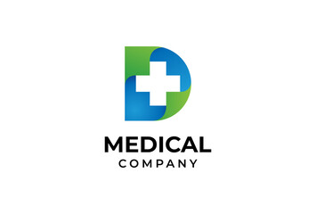 Initial D Medical logo,  gradient letter d with cross icon inside, vector illustration - obrazy, fototapety, plakaty