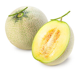 Green melons isolated on white background, Melon or cantaloupe isolated on white background With clipping path. - obrazy, fototapety, plakaty