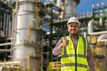 Fototapeta na wymiar Asian engineer man with white safety helmet standing front of oil refinery. Industry zone gas petrochemical. Factory oil storage tank and pipeline. Workers work in the refinery construction building