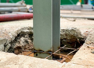 Close up view. The rod of steel pier were assembled in an underground pit with welded steel before pouring cement. For the foundation of pillar.