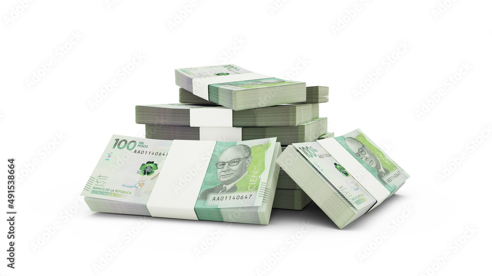 Poster 3d rendering of stack of colombian peso notes. bundles of colombian currency notes isolated on white