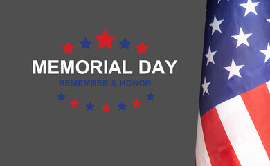 American flag with the text Memorial day, remember and honor