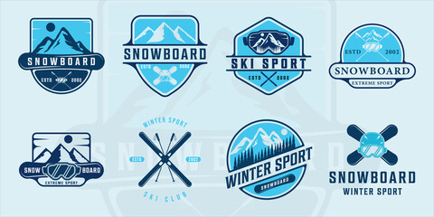 set of snowboard or ski logo modern vintage vector illustration template icon graphic design. bundle collection of various modern color extreme sport sign or symbol for winter business concept - obrazy, fototapety, plakaty
