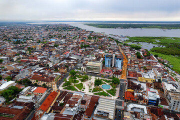 Aerial view of Iquitos, Peru, also known as the Capital of the Peruvian Amazon.  It is also the...