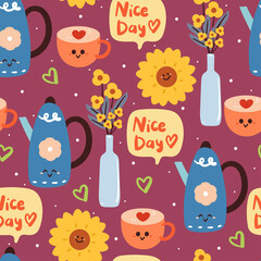 seamless pattern hand drawing tea time cartoon. food and beverage, flower background for fabric print, textile, gift wrapping paper