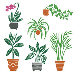 Set of home flowers in pots. Vector silhouette illustration for flower shop, sketchbook, cover designs. Room flowers on white background.
