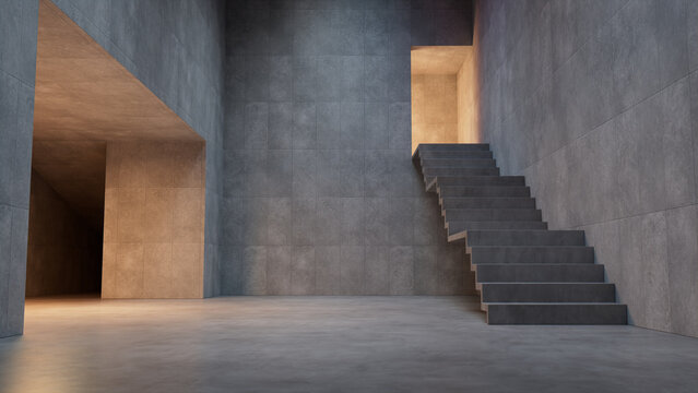 Brutalist interior. Contemporary Architecture Constructed from Tiled Concrete and Bare Concrete materials.