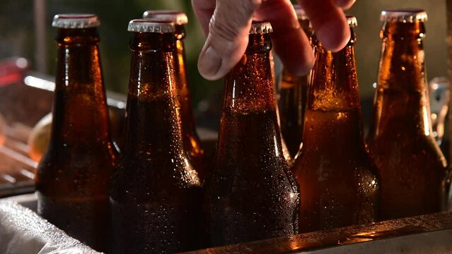 hand picking beer bottles from ice bucket