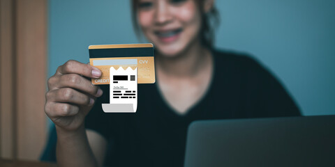 Woman enjoy with online shopping application and typing credit card for fill number to payment with virtual digital asset and metaverse.