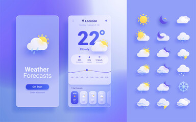Mobile weather app interface design - obrazy, fototapety, plakaty