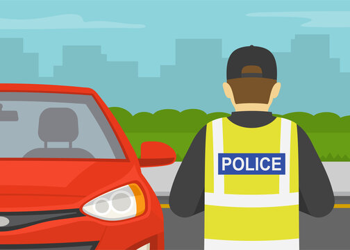 Police Officer Writing Traffic Ticket For Red Sedan Car That Parked In Prohibited Parking Area. Close-up Back View Of A Policeman. Flat Vector Illustration Template.