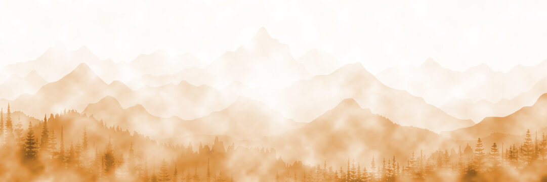 Vector drawing of a mountain landscape, fog. Imitation of watercolor paint.	