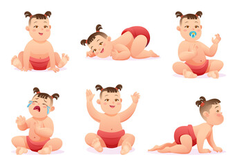 Set of adorable baby girl with diaper in various poses and situations, vector cartoon character