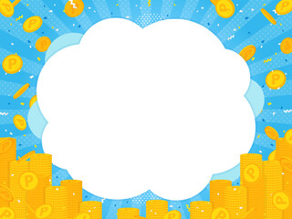 山積みのポイントコインと紙吹雪が舞う水色フレーム素材（横向き）