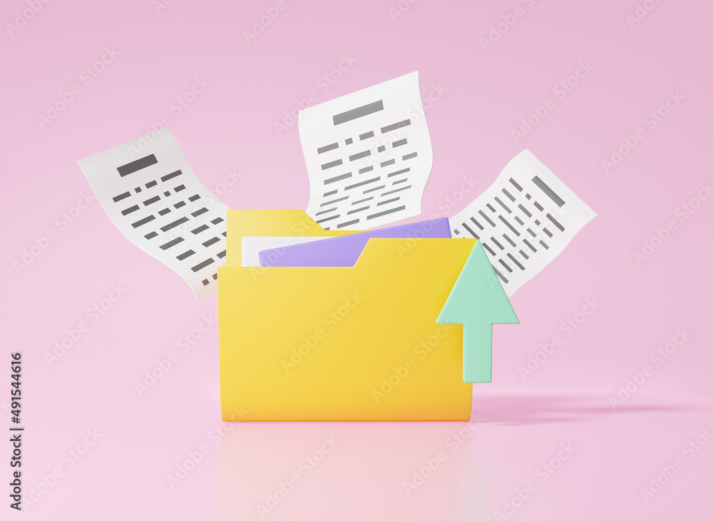 Poster yellow mailbox icon with document floating, arrow upload file email digital marketing concept. carto