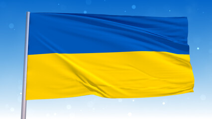 Realistic Waving National Flag Of Ukraine In The Wind With Pole On Cloudy Fog Glitter Dust Flying Blue Sky 3D Rendering
