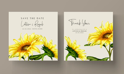 beautiful watercolor blooming sun flower wedding invitation card template