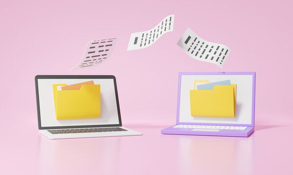 Digital document transfer into on two computer laptop, email marketing concept. cartoon minimal, service file information, banner, on pink pastel background. 3d render illustration
