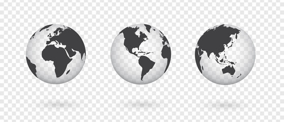 Realistic world map in globe shape on transparent background. Set of transparent globes of Earth.